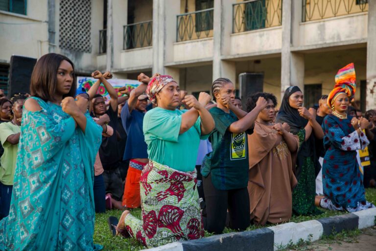 Chioma Chukwuka Akpotha, Uche Jombo, Omoni Oboli, Ufuoma McDermott, Hilda Dokubo and Bukunmi 'Kiekie' Adeaga-Ilori on the set of 'The Uprising Wives on Stike 3' - Nollywire