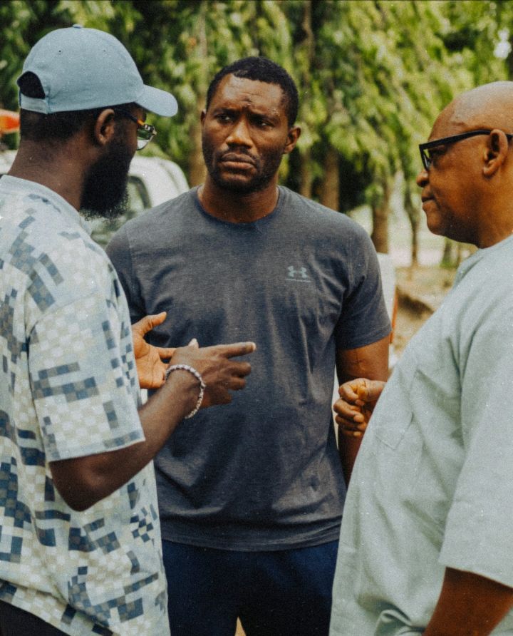 'At Ease:' Seun Richards' Journey from Military Aspirations to Mental Health Awareness in Nollywood 1 Seun Richards with Asa'ah Samuel and Keppy Epkenyong on the set of 'At Ease' © First Features Project