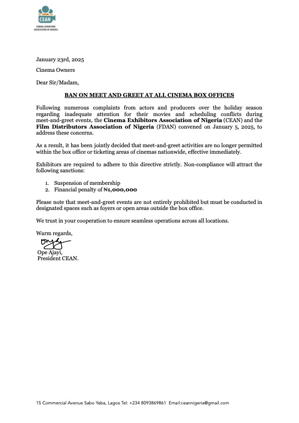CEAN President Ope Ajayi Clarifies Box Office Meet-And-Greets Ban 1 CEAN BAN ON MEET AND GREET AT ALL CINEMA BOX OFFICES - Nollywire