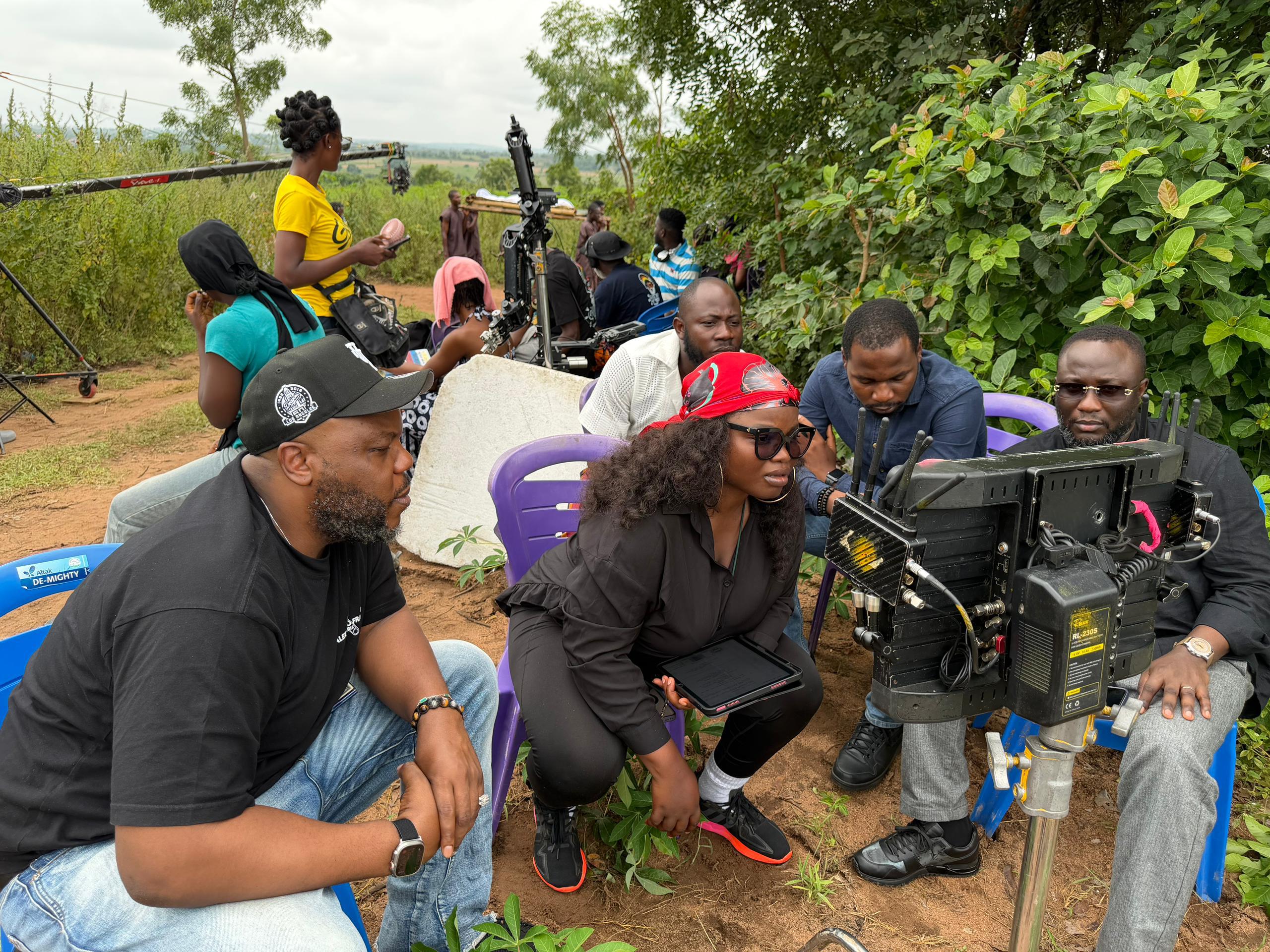 (L-R) WEBEK Studios co-founder Bizzle Osikoya, Esse Akwawa, with co-executive producer Seun Dania on the set of 'Abeni' at Africhatta Film Village.